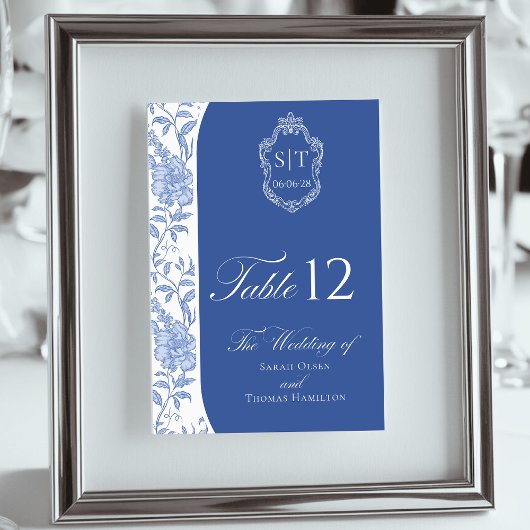 Numéro De Table Monogramme de blason Delft Bleu Floral Script