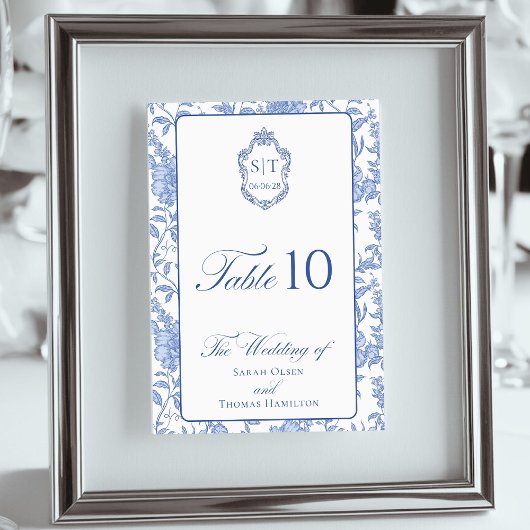 Numéro De Table Monogramme de blason Delft Bleu Floral Script