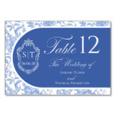 Numéro De Table Monogramme de blason Delft Bleu Floral Script (Devant)