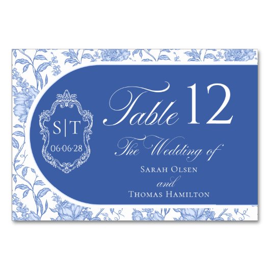 Numéro De Table Monogramme de blason Delft Bleu Floral Script (Devant)