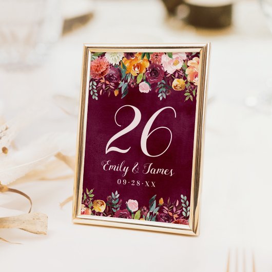 Numéro De Table Monogramme de mariage floral automnal rustique de 