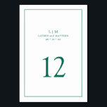 Numéro De Table Monogramme vert émeraude simple Mariage élégant<br><div class="desc">Numéro de table mariage simple avec un design élégant et intemporel avec votre monogramme de deux lettres, noms, date et numéro de table entouré d'une mince bordure. Tous les éléments de conception sont en vert émeraude sur un arrière - plan blanc et peuvent être changés en n'importe quelle couleur que...</div>