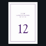 Numéro De Table Monogramme violet simple Mariage élégant<br><div class="desc">Numéro de table mariage simple avec un design élégant et intemporel avec votre monogramme de deux lettres, noms, date et numéro de table entouré d'une mince bordure. Tous les éléments de conception sont violets royaux sur un arrière - plan blanc et peuvent être changés en n'importe quelle couleur que vous...</div>
