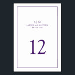Numéro De Table Monogramme violet simple Mariage élégant<br><div class="desc">Numéro de table mariage simple avec un design élégant et intemporel avec votre monogramme de deux lettres, noms, date et numéro de table entouré d'une mince bordure. Tous les éléments de conception sont violets royaux sur un arrière - plan blanc et peuvent être changés en n'importe quelle couleur que vous...</div>