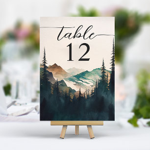 Numéro De Table Montagnes à l'aquarelle Forêt de pins Mariage
