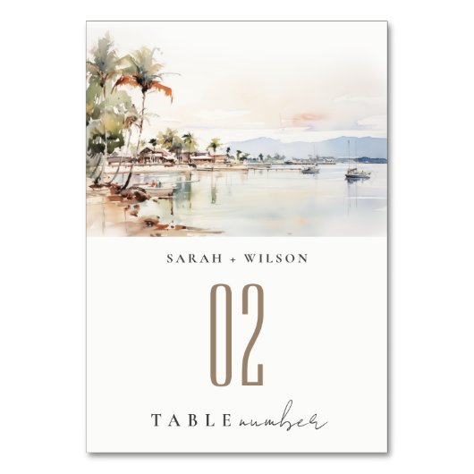 Numéro De Table Montego Bay Jamaïque Mariage de paysage aquarelle (Dos)