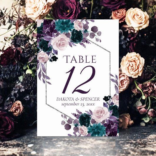 Numéro De Table Moody Boho | Eggplant Purple et Turquoise Rose Gar