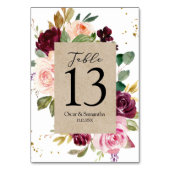 Numéro De Table Moody & Rustic Burgundy Kraft Cadre Floral & Or (Dos)