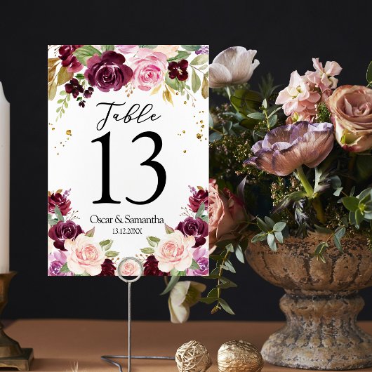 Numéro De Table Moody & Rustic Burgundy Watercolor Fleurs & Leaf