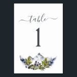 Numéro De Table Mountain Rustic Watercolor Mariage<br><div class="desc">Mountain Rustic Outdoor Berries and Greenery Watercolor Printemps Mariage Dusty Bleu et Vert Elégant et moderne Numéro de table Carte sur arrière - plan blanc - comprend belle et élégante typographie script avec feuilles botaniques modernes et verdure pour la célébration spéciale de mariage.</div>