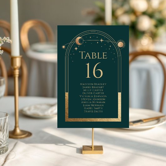 Numéro De Table Mystic Green Gold Sun Moon Stars Mariage