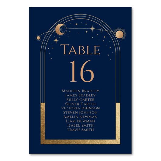 Numéro De Table Mystical Chic Blue Gold Sun Moon Mariage d'astrono (Dos)