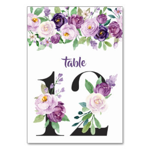 Numéro De Table N°12 Roses aquarelles violettes et lavande