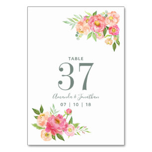 Numéro De Table Natation de printemps Peonies d'aquarelle Numéro d