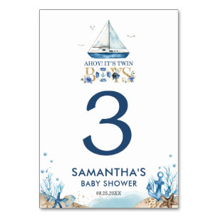 Numéro De Table Nautical Blue Boat Ahoy C'est Twin Boys Baby showe