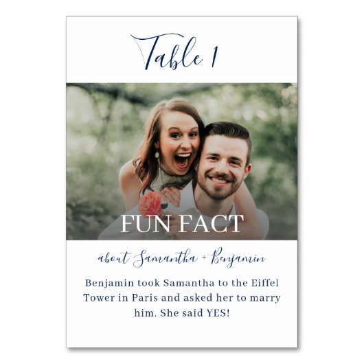 Numéro De Table Navy Blue Elegant Script Fun Facts Photo Mariage (Dos)