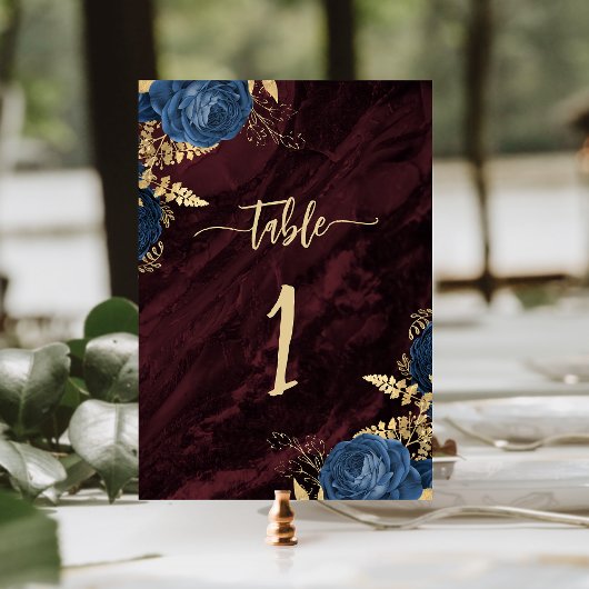 Numéro De Table Navy Blue Gold Floral Burgundy Wedding