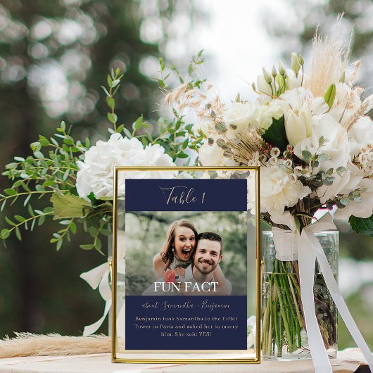 Numéro De Table Navy Blue & Gold Script Fun Facts Photo Wedding