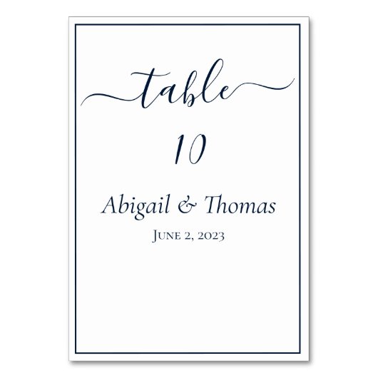 Numéro De Table Navy Blue White Calligraphie Script Mariage élégan (Dos)