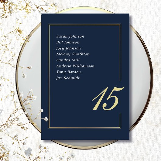 Numéro De Table Navy Gold Minimal Border Script Typography Wedding