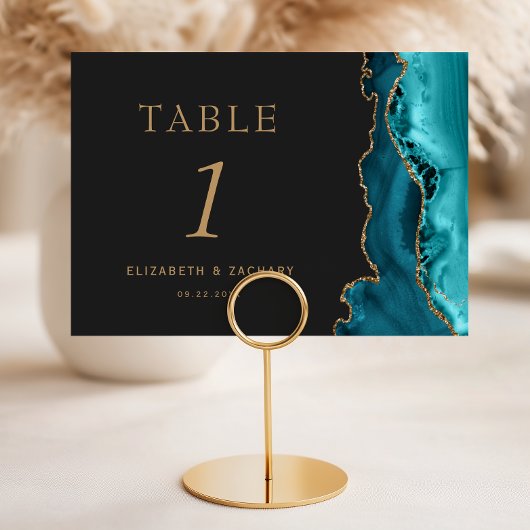 Numéro De Table Noces Bleu Turquoise Agate Or Sombre