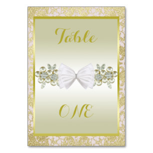 Numéro De Table Noces Paillettes Dorées, Diamants Floraux et Ruban