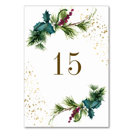 Numéro De Table Noël À feuillage persistant Berries rouges Mariage (Dos)