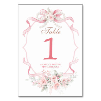Numéro De Table Nœud Ruban Rose Pâle Perle Floral Baptême Table