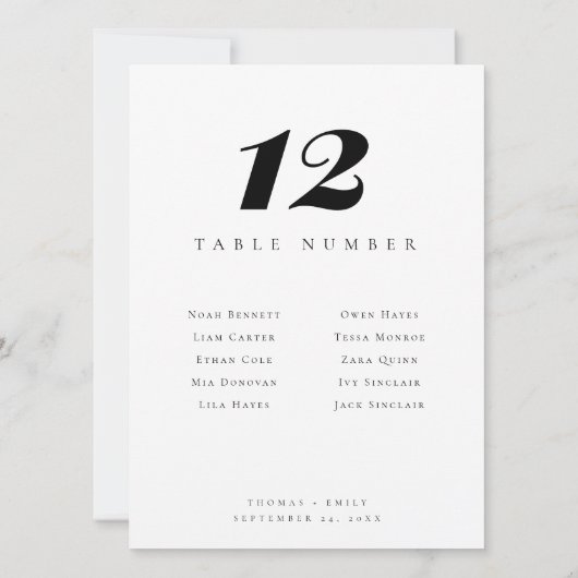 Numéro de table noir et blanc et nom de l'invité (Dos)