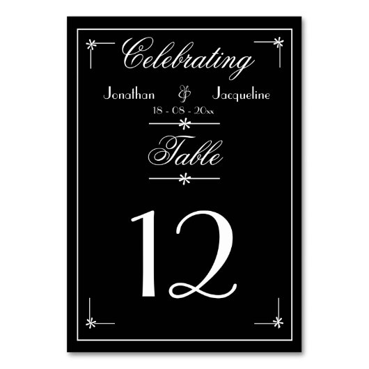 Numéro De Table Noms de script mariage noir et blanc élégant (Dos)