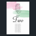 Numéro De Table Noms des invités Mariages King Protea Watercolor<br><div class="desc">Cette conception présente une élégante silhouette noire illustrant une fleur de protéa royale. Les traits de brosse rose et vert donnent vie à l'illustration florale noire et blanche. Les touches de couleur rose et verte créent des tons floraux qui complètent le design. Le design est centré entre la typographie sophistiquée....</div>