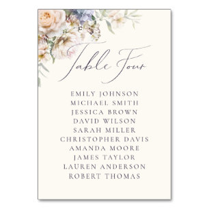 Numéro De Table Noms des quatre invités de la table à fleurs crème