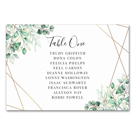 Numéro De Table Noms modernes Vert Eucalyptus Mariage géométrique (Dos)