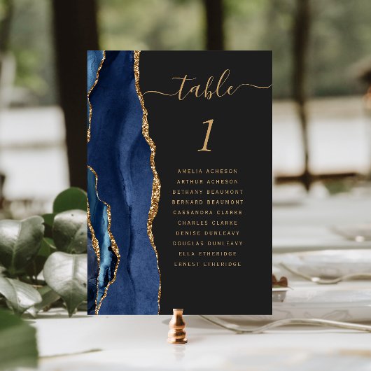 Numéro De Table Nuit de noces bleu marine Agate dorée