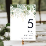 Numéro De Table Numéro de tableau Feuille verte et or<br><div class="desc">Nous avons conçu ce numéro de table vert et feuille d'or pour compléter votre mariage boho simple mais élégant. Il présente des feuilles modernes d'eucalyptus vert et blanc, du feuillage de fougères, une fleur succulente et un minimum de feuilles de feuille d'or. Ces éléments donnent l'impression d'une forêt enchantée d'aquarelle...</div>