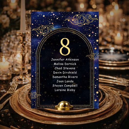 Numéro De Table Or bleu étoiles célestes plan de table de mariage