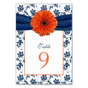 Numéro De Table Orange Daisy Navy Blue Damask Ribbon Mariage