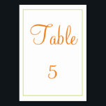 Numéro De Table orange et vert<br><div class="desc">Une carte de table de classe qui est vraiment une carte d'une sorte, cet article présente un design orange et vert en utilisant facile à remplir en modèle. Le texte peut être customisé ainsi que la couleur de la carte de table et du carré. Personnalisez votre carte de table dès...</div>