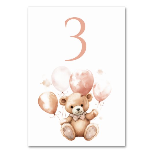 Numéro De Table Ours mignon Avec Ballons | Bébé rose (Dos)