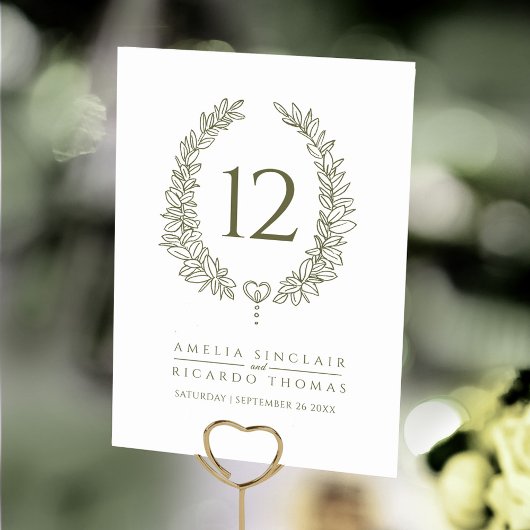 Numéro De Table Oval wreath leaf olive green white wedding