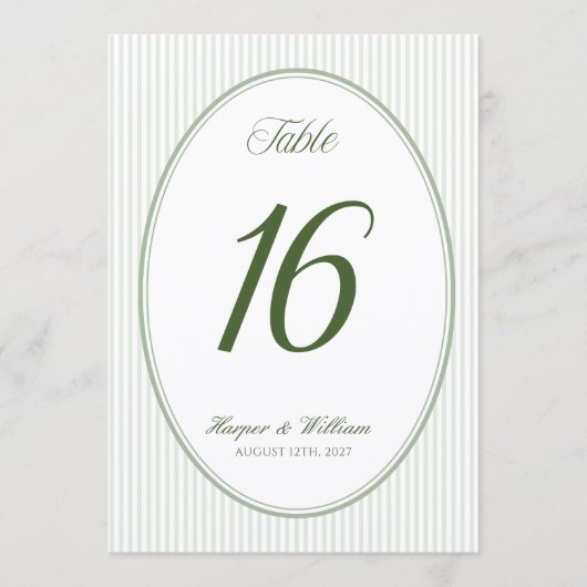 Numéro de table ovale vert sauge rayé (Devant)