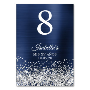 Numéro De Table Paillettes Argentées Bleu Nuit Feuille Mis XV Ans