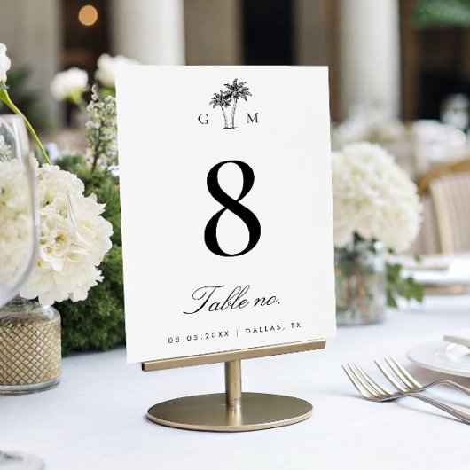 Numéro De Table Palm Tree Monogram Elegant Beach Wedding