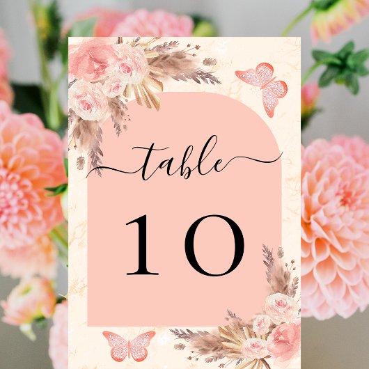 Numéro De Table Pampas herbe rose or rousse arc papillon