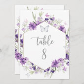 Numéro de table papillon argent floral violet (Devant / Derrière)