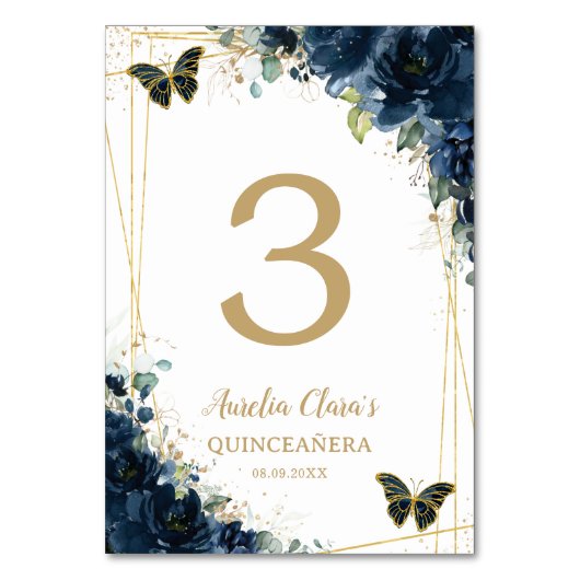 Numéro De Table Papillons bleu Floral de la Marine Quinceañera (Par défaut)