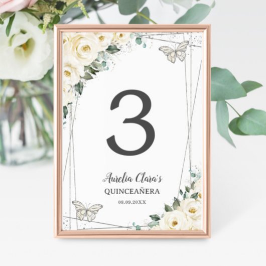 Numéro De Table Papillons floraux blancs d'ivoire Quinceañera