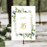 Numéro De Table Parties scintillant d'or Mariage vert botanique nu<br><div class="desc">Tableau 16. Veuillez vérifier tous les numéros disponibles. | Ce numéro de tableau mariage est composé d'une aquarelle peinte, d'une végétation d'eucalyptus et de feuilles verts avec un cadre rectangulaire, du texte et du nombre de parties scintillant en faux or. Pour une personnalisation plus avancée de cette conception, cliquez sur...</div>