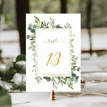 Numéro De Table Parties scintillant d'or Mariage vert botanique nu<br><div class="desc">Tableau 13. Veuillez vérifier tous les numéros disponibles. | Ce numéro de tableau mariage est composé d'une aquarelle peinte, d'une végétation d'eucalyptus et de feuilles verts avec un cadre rectangulaire, du texte et du nombre de parties scintillant en faux or. Pour une personnalisation plus avancée de cette conception, cliquez sur...</div>