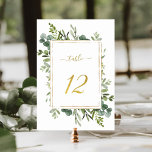 Numéro De Table Parties scintillant d'or Mariage vert botanique nu<br><div class="desc">Tableau 12. Veuillez vérifier tous les numéros disponibles. | Ce numéro de tableau mariage est composé d'une aquarelle peinte, d'une végétation d'eucalyptus et de feuilles verts avec un cadre rectangulaire, du texte et du nombre de parties scintillant en faux or. Pour une personnalisation plus avancée de cette conception, cliquez sur...</div>